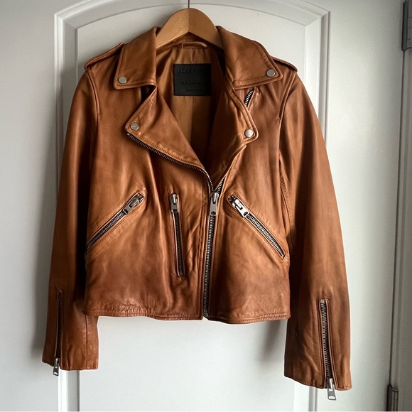 AllSaints Fern Dipdye Biker Sheep
Leather Moto Jacket Cognac Brown
Size US 4 - Picture 4 of 15
